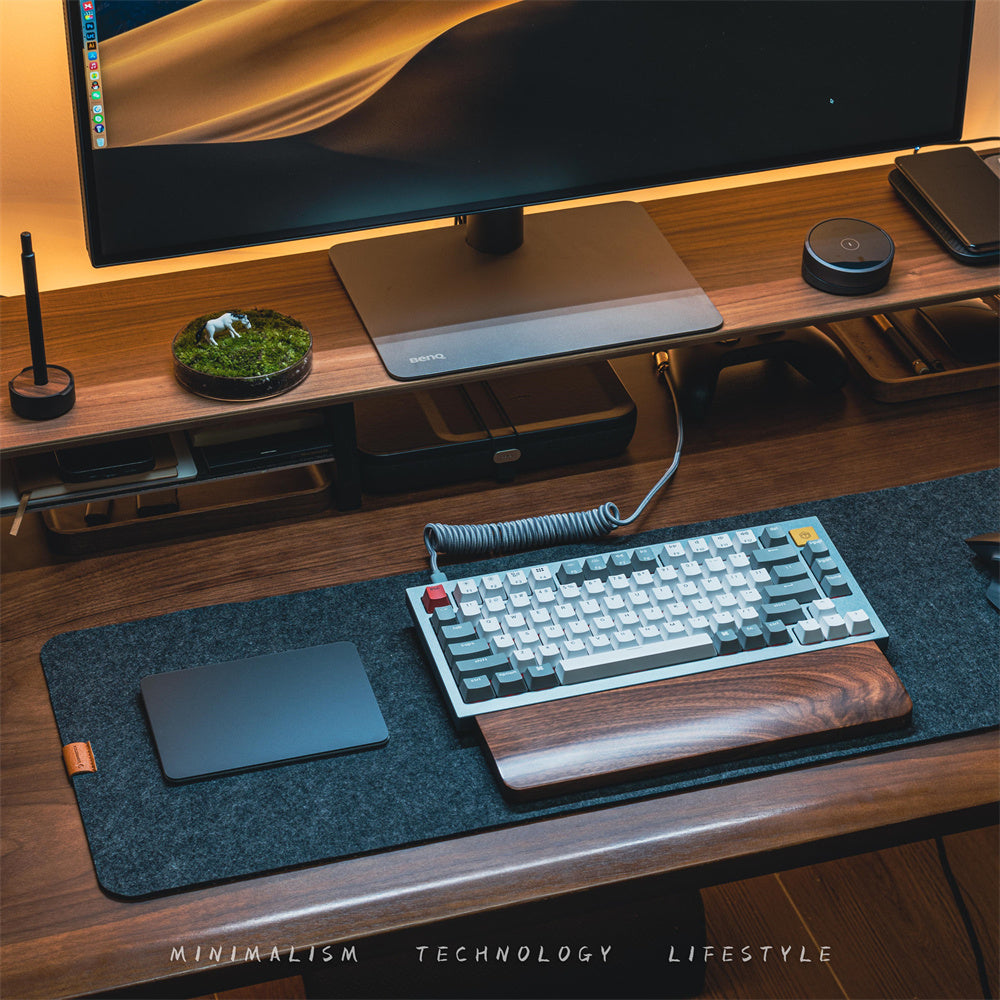 A close up image of how your desk setup will look like with our merino wool felt desk mat and other themed desk accessories